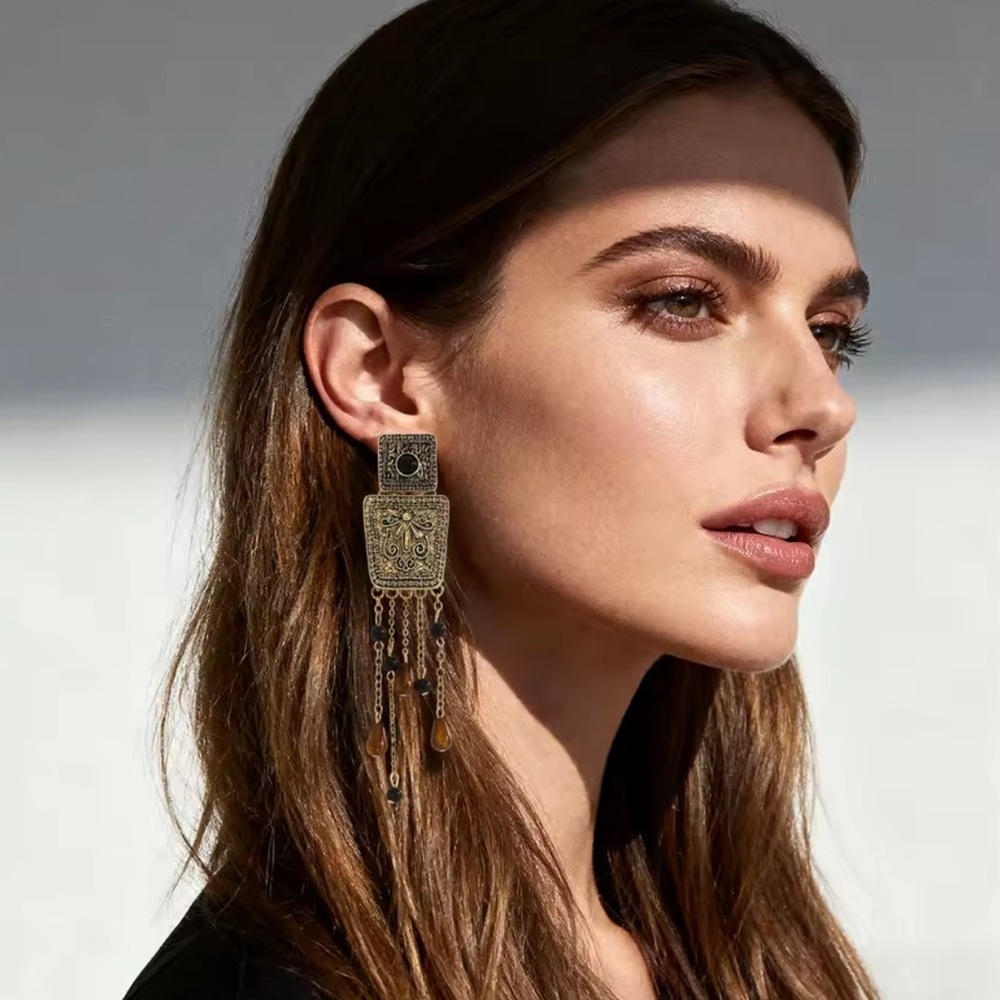 Zara Ethnic Vintage Black Bead Chain Tassel Earrings